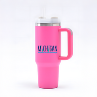 40oz. Custom Bright Pink Stainless Steel Travel Tumbler with Straw and Handle. Plus 5 Decals.