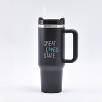 40oz. Custom Black Stainless Steel Travel Tumbler with Straw and Handle. Plus 5 Decals.