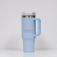 40oz. Custom Light Blue Stainless Steel Travel Tumbler with Straw and Handle. Plus 5 Decals.