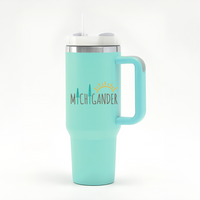 40oz. Custom Mint Stainless Steel Travel Tumbler with Straw and Handle. Plus 5 Decals.