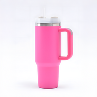 40oz. Custom Bright Pink Stainless Steel Travel Tumbler with Straw and Handle. Plus 5 Decals.