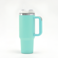 40oz. Custom Mint Stainless Steel Travel Tumbler with Straw and Handle. Plus 5 Decals.