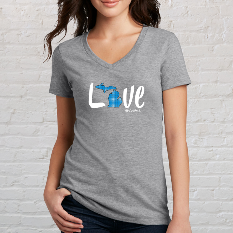 "Love MI Blue Plaid"Women's V-Neck