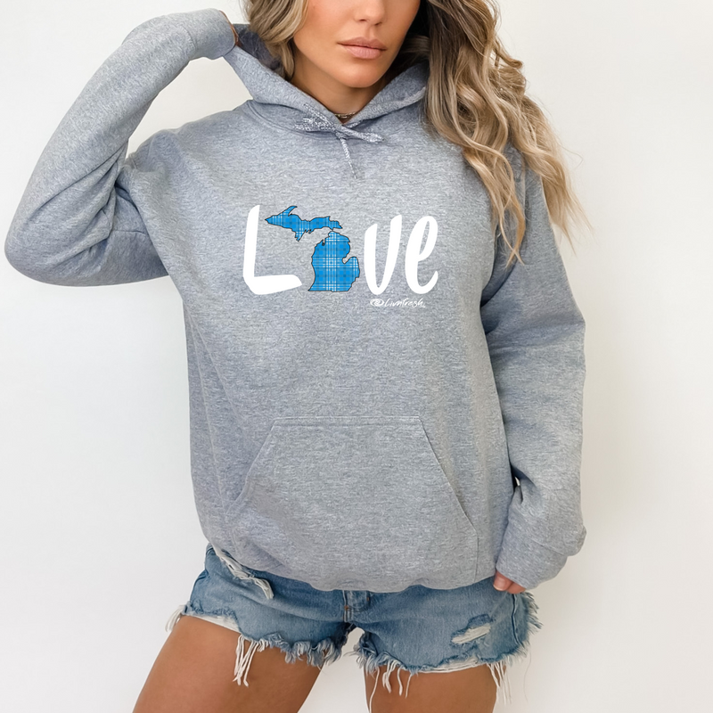 "Love MI Blue Plaid"Relaxed Fit Classic Unisex Hoodie