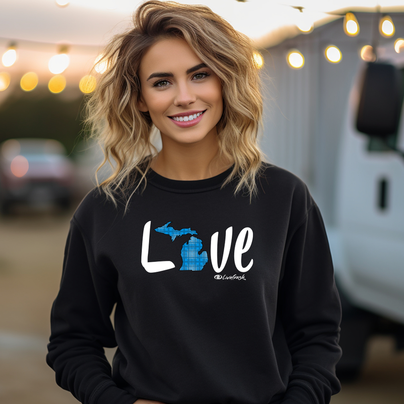 SALE "Love MI Blue Plaid"Relaxed Fit Classic Crew Unisex Sweatshirt