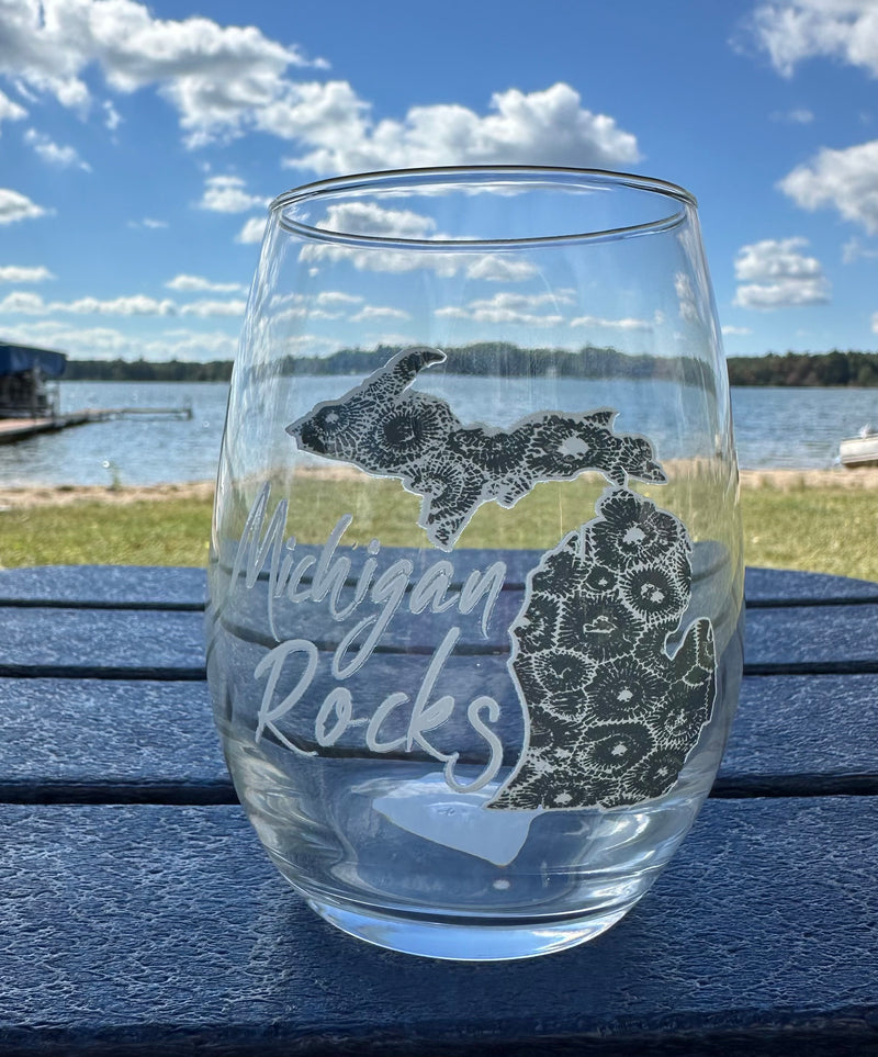 "Michigan Rocks Petoskey Stone"Stemless Wine Glass