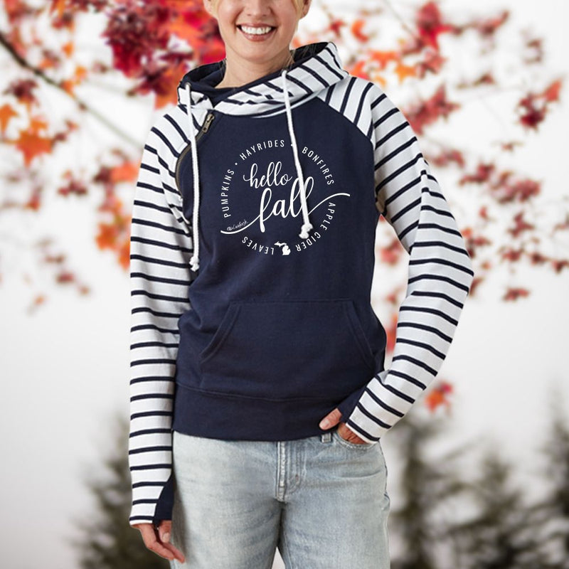 "Hello Fall"Women's Striped Double Hood Pullover