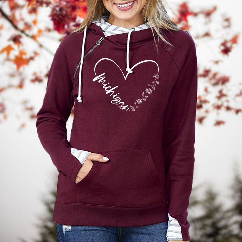 "Fall In Love With Michigan"Women's Striped Double Hood Pullover